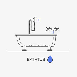 在一篇作文的淋浴间和浴缸，水龙头细线图标
