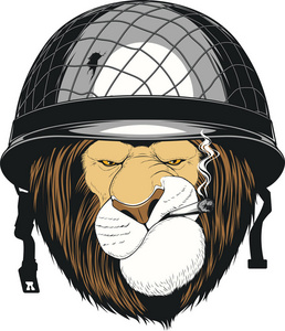 狮子在一名士兵的头盔