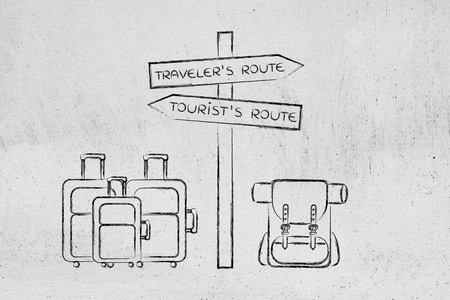 旅行者或旅游 路标与袋 crosspath