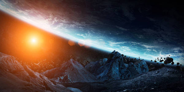 巨大的小行星即将坠毁地球 3d 渲染元素的