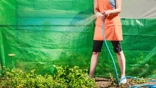 女人在花园与软管浇水