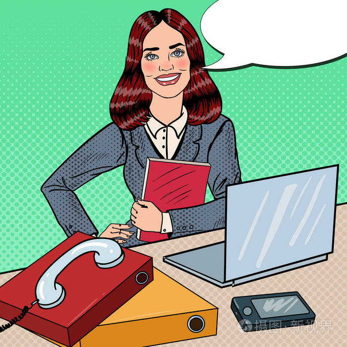 波普的艺术成功的女商人在办公室工作的笔记本电脑.矢量图