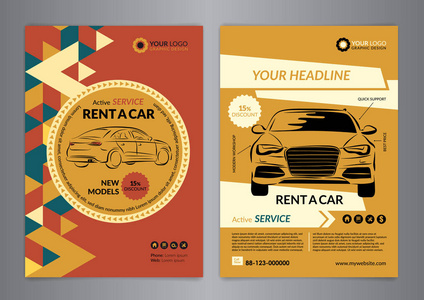 租辆车业务传单模板。汽车服务小册子模板，汽车杂志的封面，大小 A4，抽象三角现代背景。矢量图