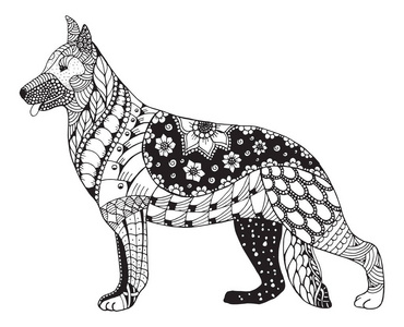 德国牧羊犬头 zentangle 程式化 矢量 插画 手绘铅笔 手绘 模式。禅宗艺术。华丽的向量。花边。着色