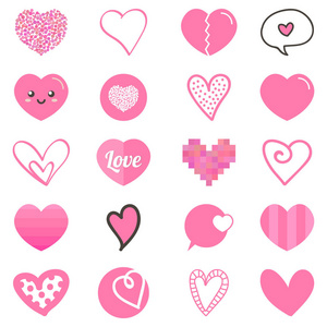 可爱套装,粉色的平面设计和涂鸦心为情人节设计的集合 web 和打印,在