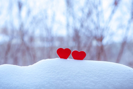 两个美丽的心，在冬天背景