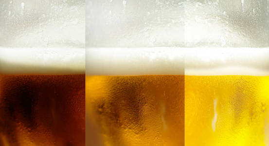 有三种主要类型的啤酒   经典光 经典的白色和深色啤酒的什锦的啤酒。杯子里的啤酒集关闭。三杯具有不同的啤酒类型冷和发泡