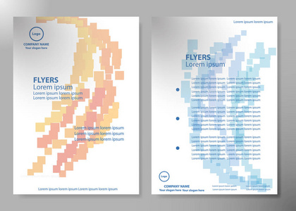宣传册设计模板矢量。蓝色和橙色的抽象方形和正方形封面书组合演示文稿海报 A4 布局中。传单报告商业杂志