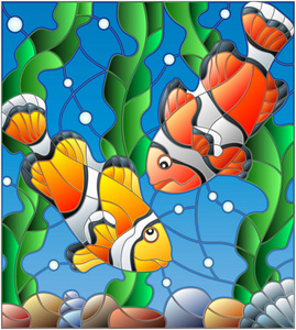水和海藻在彩色玻璃风格配一对小丑鱼的背景图