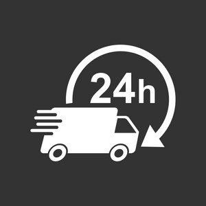 送货卡车 24 h 矢量图。24 小时快速交货服务航运图标。商务，市场营销或移动应用程序的互联网概念在黑色背景上简单平象形图