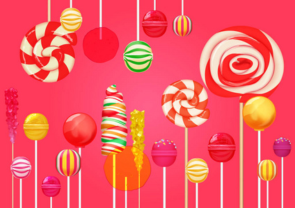 红色粉红色糖背景与明亮多彩棒棒糖糖果甜食。糖果店。甜色棒棒糖