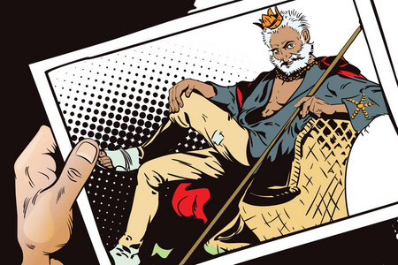 卡通小乞丐国王在一个荒岛上.乞丐王.报纸上的文章照片