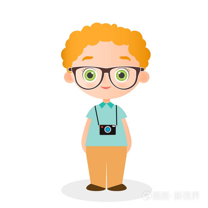 肖像小男孩戴着眼镜,照相机.矢量图 eps 10.平的卡通风格