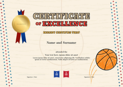 证书的卓越模板在篮球事件与篮球法院大纲背景运动主题
