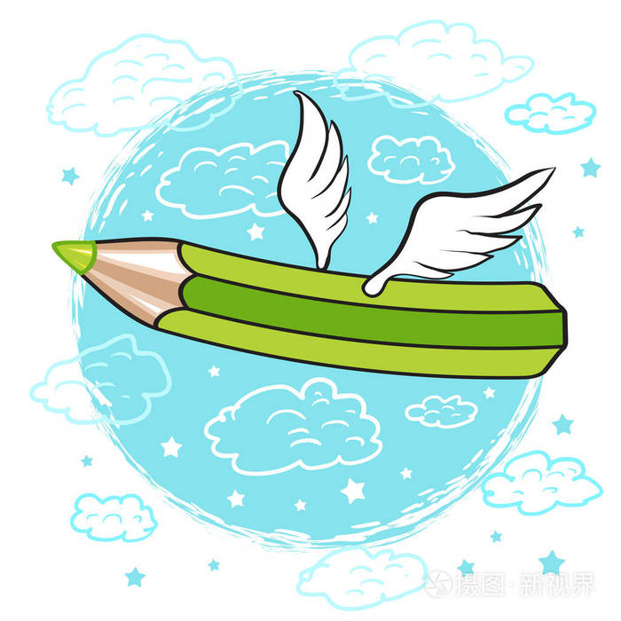 卡通彩色铅笔与云的翅膀