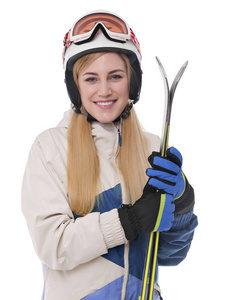 有魅力的女孩在白色背景上的滑雪者