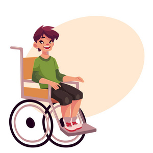 快乐的学校孩子坐在轮椅上的肖像