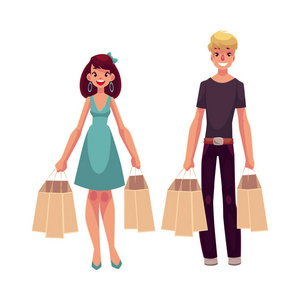 年轻的男人和女人 夫妇，与购物袋的朋友