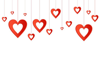 用红色的心，带孔挂在猩红色的线程上的情人节背景