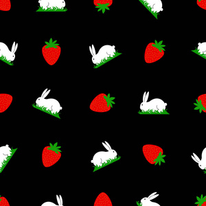 无缝模式白兔子在草地和草莓