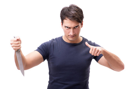 年轻歹徒用刀上白色孤立照片