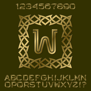 金双条纹字母和数字装饰方形框架中的初始会标。标志设计的美丽时尚字体工具包