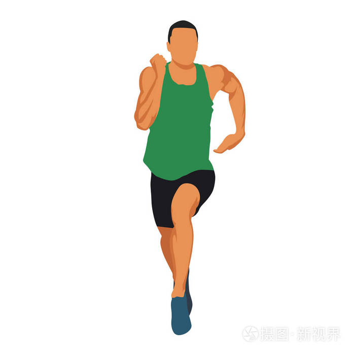 在绿衫,肌肉运动员前视图中运行的人.求同