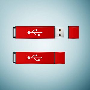 孤立在蓝色背景上的红色 Usb 闪存驱动器图标。矢量图