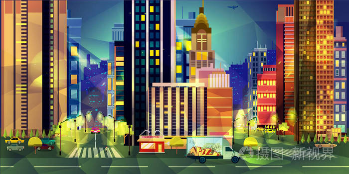 夜晚的城市,插画低聚风格