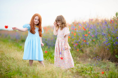 两个孩子的女孩玩耍跳舞与野生花卉在夏天大