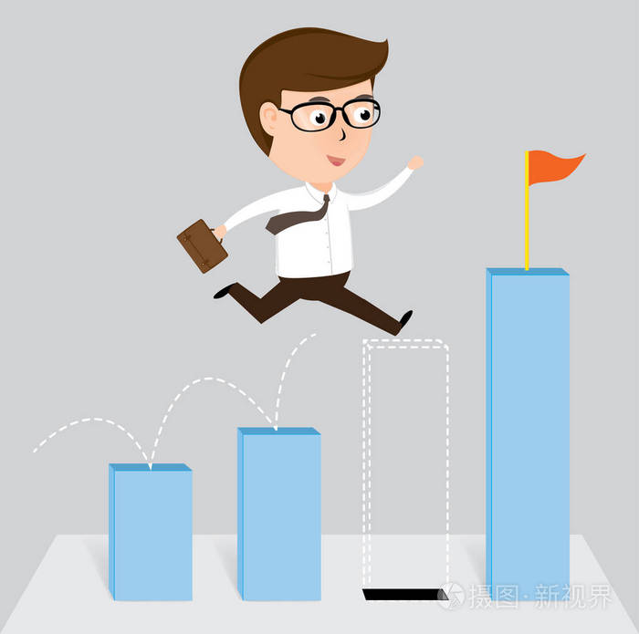 快乐的商人跳过增长图表,矢量图