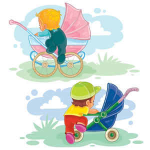 设置小的孩子和婴儿车，婴儿推车的插图