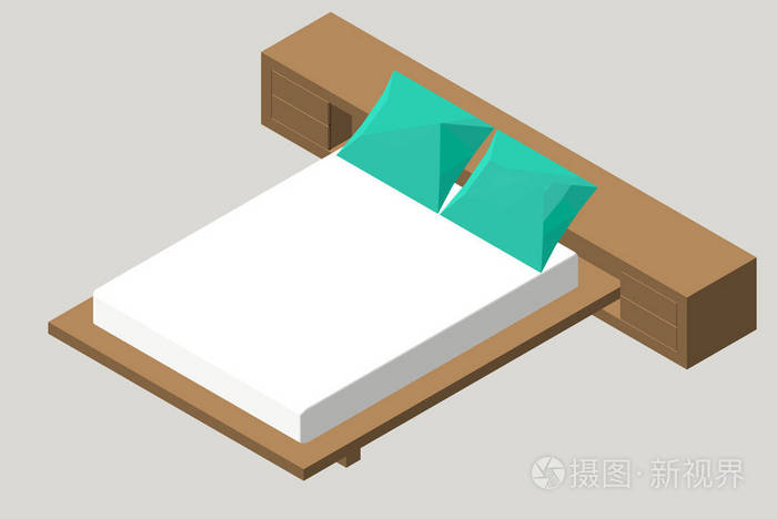等距的家具床内部元件的卧室矢量图背景上孤立