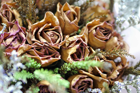 爱情悲伤语录枯萎的玫瑰花束, 悲伤的爱情概念照片