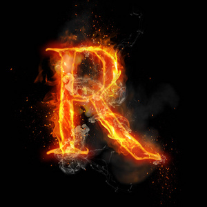 火燃烧火焰照亮的字母 R