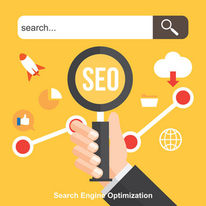 搜索引擎优化，搜索引擎的优化。数字营销。图标集的分析搜索 信息和网站。矢量图
