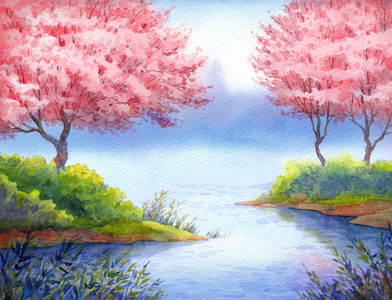 水彩笔春天风景画图片