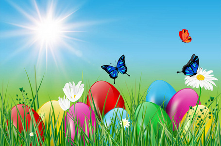 春天动机与复活节鸡蛋 草和蝴蝶