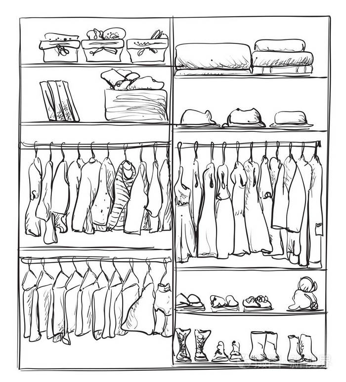 手绘绘制的衣柜.内部与衣服