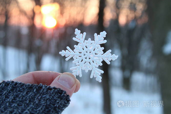 冬天的概念手拿着一朵雪花