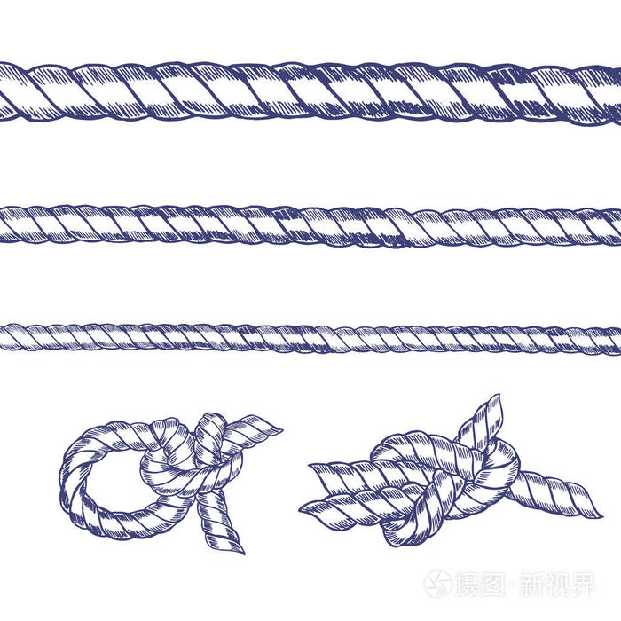 海结绳索设置手画素描矢量