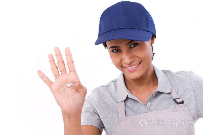 自信的女职工提高,向上 4 手指手势