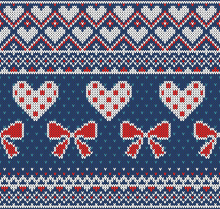 为主题的节日情人节与挪威和该设计是满足模式的图像的无缝模式。红色和白色的蝴蝶结和蓝底白字的心。羊毛针织纹理。矢量