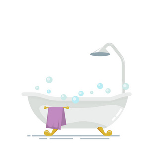 浴室配有淋浴间孤立的白色背景上。肥皂泡沫或泡沫。紫色金色毛巾衣架。矢量图 Eps10