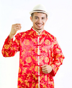 中国人的传统的中国唐装持卡图片