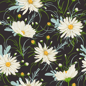 与白色洋甘菊花和山艾树的无缝模式。质朴的花卉背景。在水彩风格复古矢量植物插图