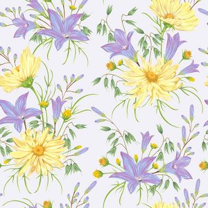 黄洋甘菊花 蓝色风信子花与燕麦的无缝模式。质朴的花卉背景。在水彩风格复古矢量植物插图