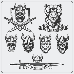 组的维京标签, 徽章及徽章.头骨,牛角的头盔, 战士, 盾牌和剑.