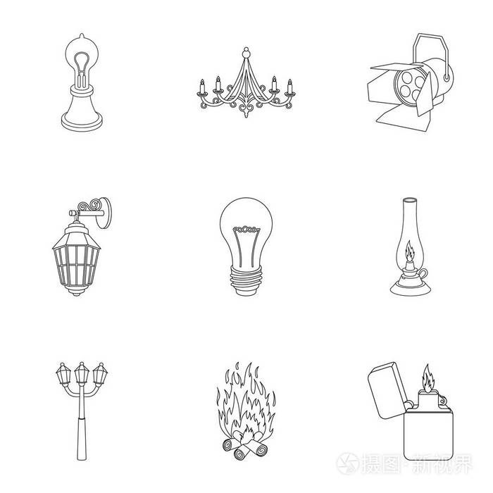 光源在大纲样式中设置图标.大集合的光源矢量符号股票图