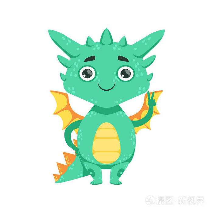 小动漫风格宝贝龙微笑和显示和平手势卡通人物表情符号图